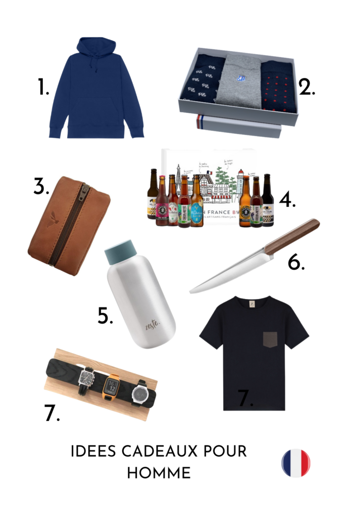 idées cadeaux de noël homme : sweat, porte-monnaie, chaussette, bières, couteau de chef, gourde...